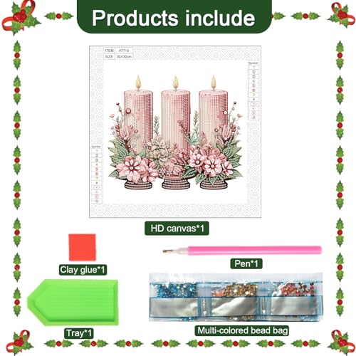 Image of 5D Special Shape Diamond Art Kit for Beginners, Christmas Diamond Art Painting Kits for Adults, Crystal Rhinestones Diamond Painting for Home Wall Christmas Decoration Gift 11.8x11.8 inch, Pink Candle