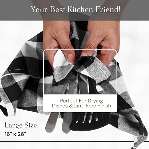 Image of Black Buffalo Plaid Kitchen Dish Towels, 4 Pack, 100% Cotton, 16x26 Inches, Super Absorbent, Quick Dry, Soft, Durable, Dish Drying & Cleaning Towels with Hanging Loop, Black & White