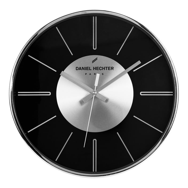 Image of Daniel Hechter Paris Seine Collection Wall Clock, Silent Sweep Non-Ticking,12 inch(30cm) HD Glass Black Dial, Silver Aluminum Face & Metal Frame, Modern Decorative Clock for Home & Office - DHCL1004