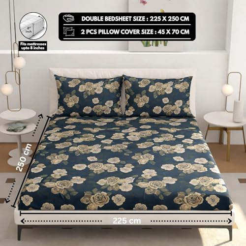 Image of King Size Bedsheet Cotton for Double Bed | Flat - 90x100 Inch, Floral, Soft & Breathable, Fade & Shrink Resistant, 2 Pillow Covers | Midnight Rose Elegance, Navy Blue