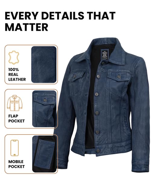 Image of Decrum Trucker Leather Jacket Women - Button Closure Vintage Style Real Lambskin Womens Leather Jacket