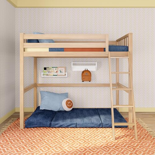 Image of Max & Lily Scandinavian Twin Loft Bed - Modern Solid Wood Kids' High Loft with 14 inch Guard Rails, Angled Ladder with Anti-Slip setps, 400-lb Capacity, Easy Assembly, Blonde