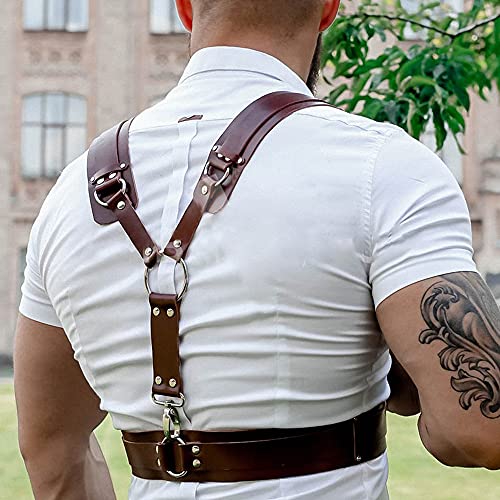 Goobester Brown Leather Harness Men Belts Adjustable Body Bondage Strap Punk Top4