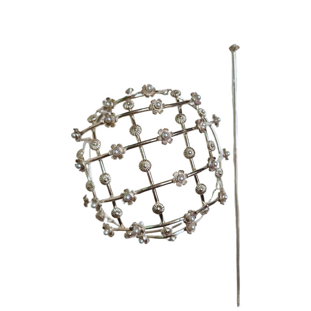 VIANA JEWELS Hair Bun Cage Accessory for Women | Handcrafted Brass Juda Cover with Stick | Anti-Tarnish Traditional Hair Accessory for Wedding & Festive (Pear Flower Hair Bun (Silver))