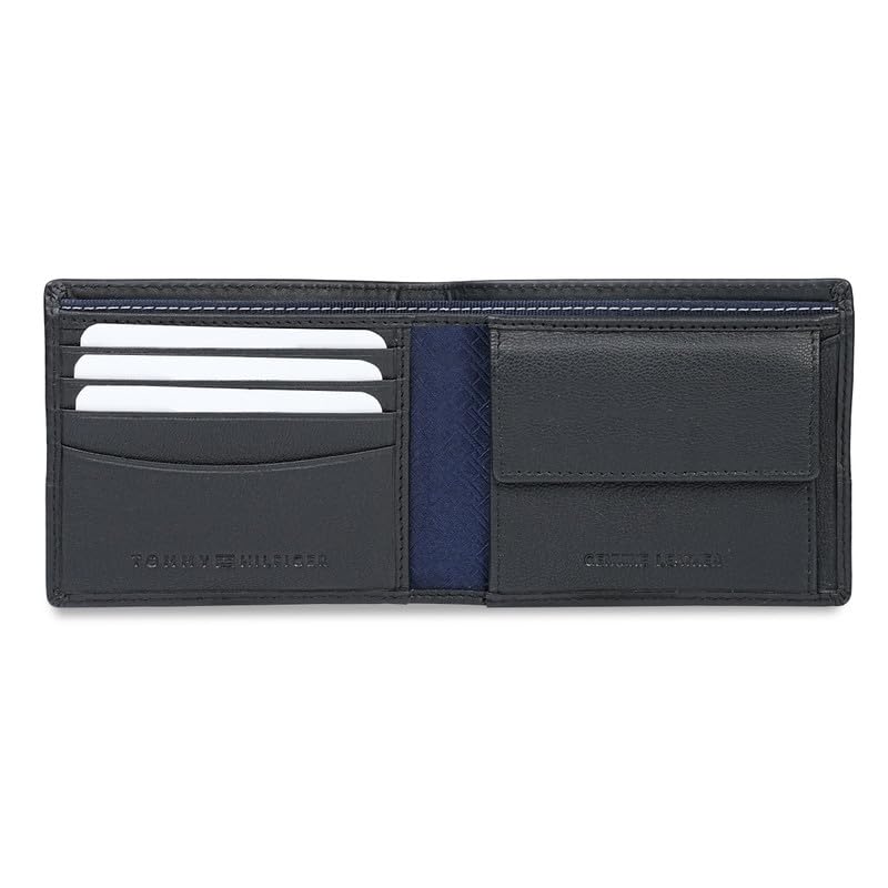 Image of Tommy Hilfiger Men's Genuine Leather Global Coin Wallet Eupen - Black | Slim Bifold with Secure Coin Pouch, 2 Compartments 4 Card Slots | Stylish Purse of Gents