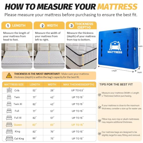 Image of Mattress Bags for Moving, BETU Mattress Protector Water-Resistant Mattress Cover Queen Size Storage Bags with 8 Durable Handles and Zipper for Bed Extra Thick Large Reusable (82 inchx62 inchx15 inch Blue)