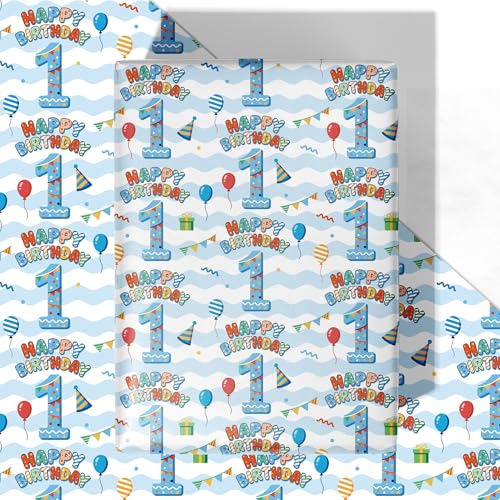 WRAPLULU 1st Birthday Wrapping Paper for Kids - 4 Jumbo Sheets 28 * 40 Inches - Blue Gift Wrap with Happy Birthday 1 Balloons Cakes Perfect for Boys First Birthday Party or Baby Shower