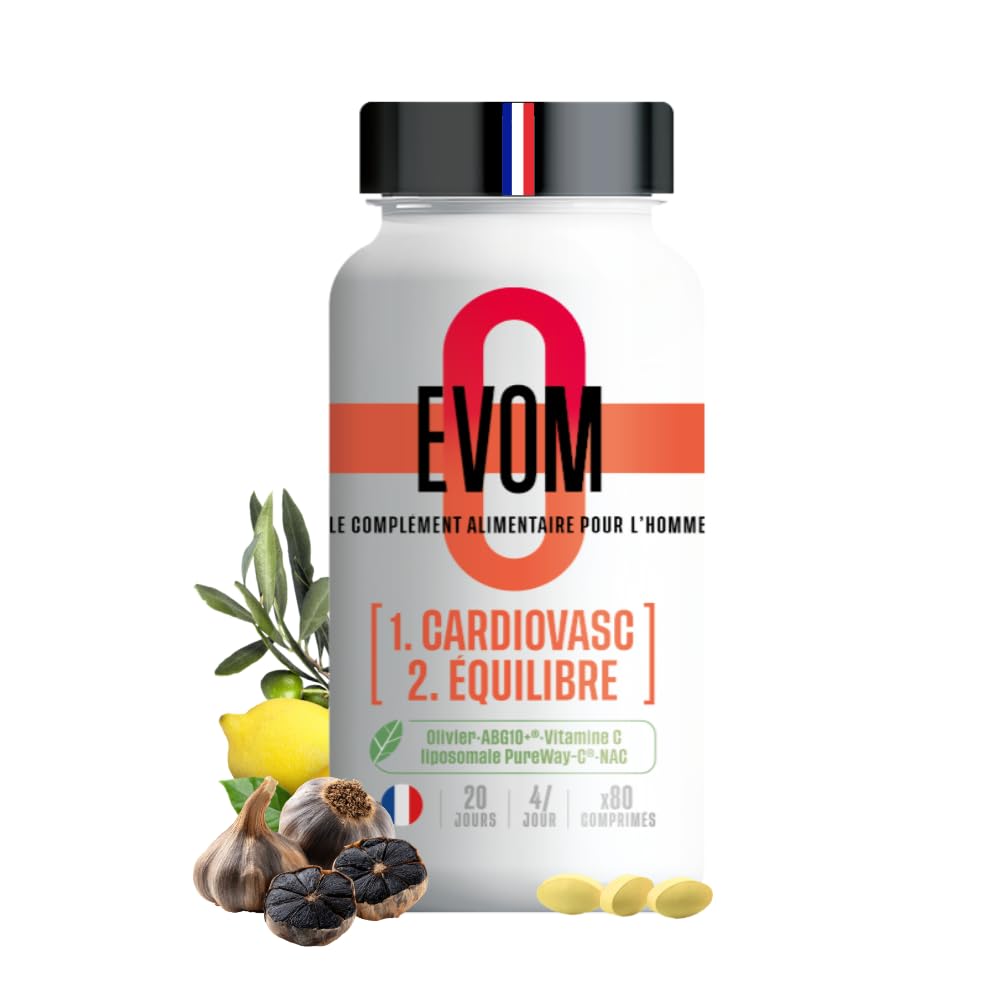 EVOM CardioVasc Équilibre - Complément alimentaire coeur, cholestérol et tension - Ail Noir ABG10+®, Olivier BENOLEA®, Vitamine C liposomale, Cannelle, Cassis, NAC - 80 comprimés - Complément Hommes