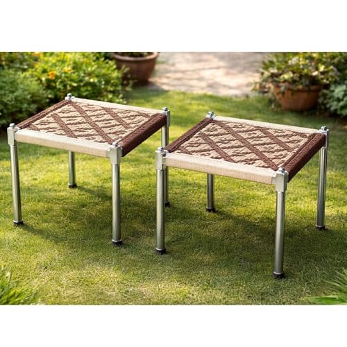 Image of Folding Stainless Steel Stool Handwoven Rope Charpai for Home and Outdoor Use with Metal Legs Traditional Low Height Seating Living Room Balcony Patio Multipurpose (Pack of 1 Pcs)