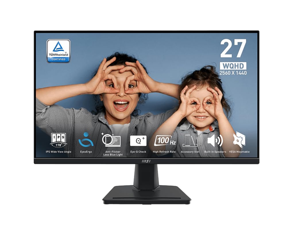MSI PRO MP275QDE 27-Zoll-WQHD-Büromonitor – 2560 x 1440 IPS-Panel, 100 Hz, augenschonender Bildschirm, integrierte Lautsprecher, neigbar – HDMI 2.0b, DP (1.2a)
