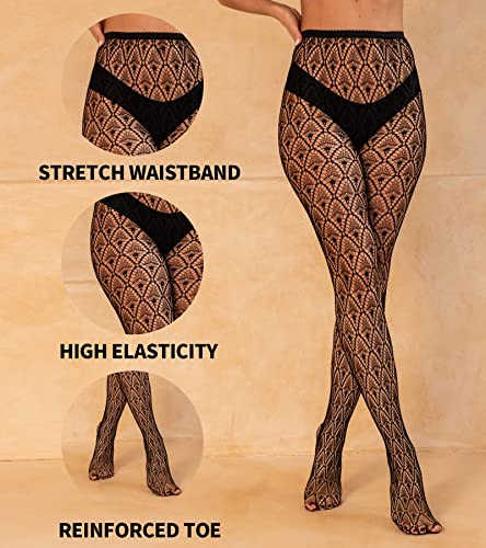 Image of Panda Bros Lace Patterned Fishnet Stockings Thigh High Pantyhose Black Tights for Women