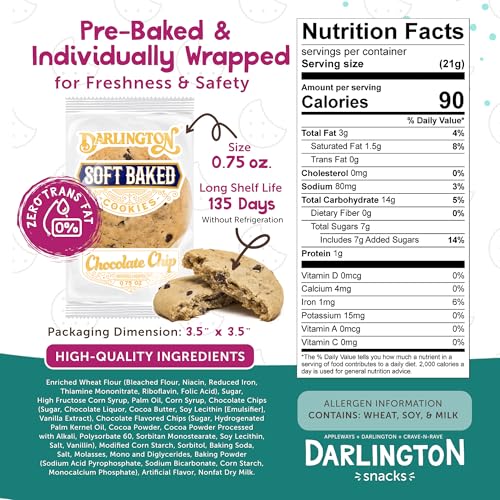 Image of Soft Chocolate Chip Cookies - Bulk Pack of 216, 0.75 oz Each, Individually Wrapped, Chewy & Nut-Free Soft Baked Cookies, Long Shelf Life for On-the-Go Snacks, by Darlington Snacks