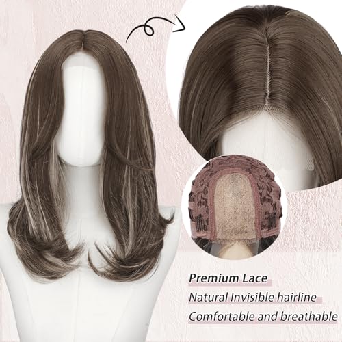 Image of FESHFEN Lace Front Hairline Wigs with Bangs, Synthetic Natural Looking Long Layered Straight Hair Wig for Women Daily Party Costume, 18 inch Brown Mixed Grey Highlight