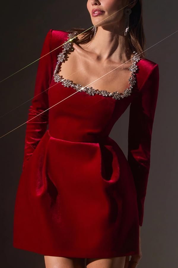 ANKOMINA Women's Elegant Crystal Square Collar Long Sleeve Velvet Mini Dress A-line Ruffle Party Evening Dresses with Pockets Red - Image 3