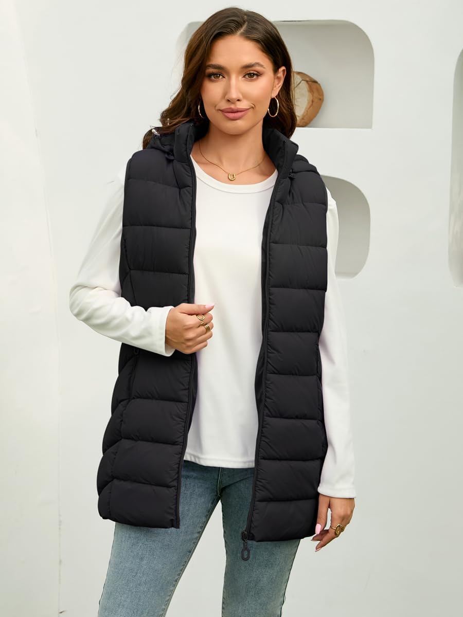 Long Puffer Vest for Women with Hood Lightweight Packable Sleeveless Vest for Spring, Fall & Winter - Image 2
