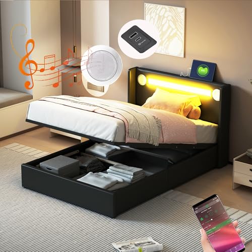 Miniatura 3 de Lakfew Cama Individual Cama 90x200 Cm Con Usb Y Luz Led, Camas Juveniles Con Reproductor Bluetooth Y Almacenamiento Hidráulico, Camas Individuales, Estructura Metálica, Pu, Negro, Sin Colchón