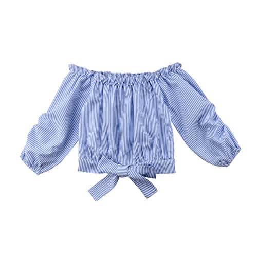 Little Girl Off Shoulder Long Sleeve Tie Front Stripe T Shirt Blouse Top (3-4T) Blue
