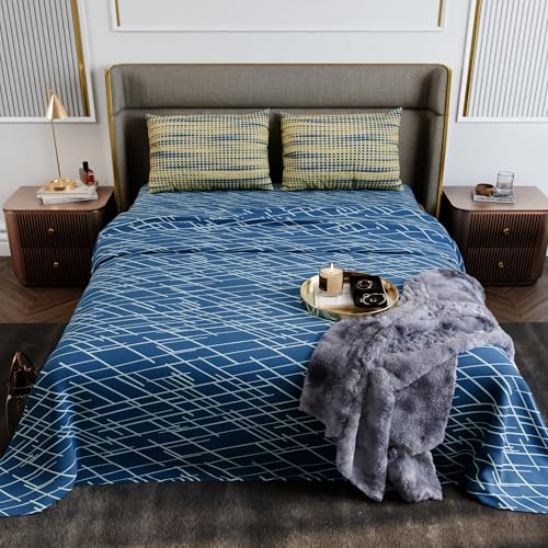 Image of Stoa Paris 100% Cotton King Size Bedsheet with 2 Pillow Covers, 180TC Printed Bedding Set, Breathable, All-Season Comfort, Soft & Lightweight, Home Decor, Urbanscape - Cerulean Beams (228cm x 274cm)