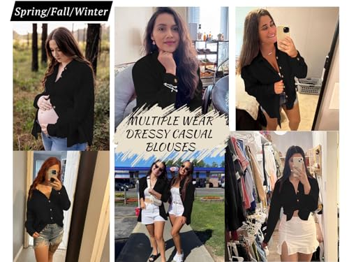 Womens Button Down Shirts Long Sleeve Cotton Gauze Tops Casual Collared Blouses Loose Fit with Pocket3