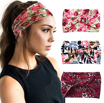 Graeen Floral Hair Bands Flower Printed Headbands Yoga Sport Headwear Wide Outdoor Head Bands Accessories for Women and Girls(Pack of 3)