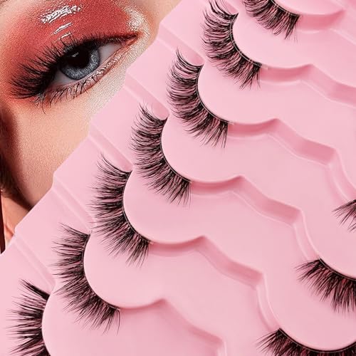 7 paires de demi-cils Clear Band Cat eye, 15mm Court Cat eye Cils artificiels look naturel, 1/2 coin Faux cils Set, 3/4 Corner Cils Réutilisables Cils de maquillage légers(7P-CZ-A06)