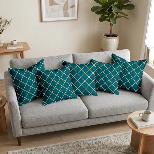 Image of Divine Casa Decorative Cushion Cover Set of 5 Teal | Velvet Feel Polyester Cushion Covers 16x16 Inch | Sofa Cushion Covers with Golden Lace Border | Decorative Cushion Covers