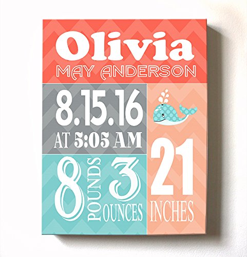 Personalized Stretched Canvas Birth Announcement Gift, Custom Baby Name, Date, Weight Stats, Unique Whale Nursery Wall Art Decor, Wooden Frame Construction, Ready to Hang 10X12