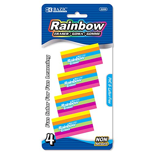 BAZIC Rainbow Eraser, Latex Free, Large Size Bulk Erasers for Art School Office Kids Teachers, Assorted Color Non Abrasive (4/Pack), 1-Pack