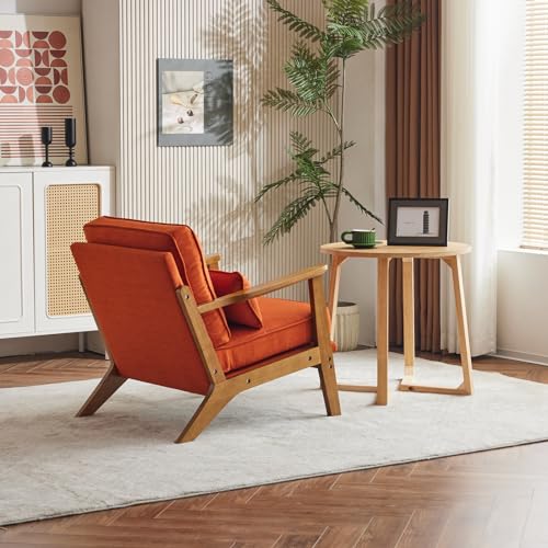 Image of Karl home Mid-Century Lounge Accent Chair, Burnt Orange | Wide Curved Armrest, Linen Fabric, Lumbar Pillow Included, Solid Wood Frame, For Living Room, Bedroom, Balcony, Apartment