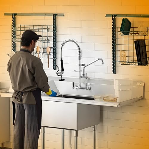 Image of GIMILI Commercial Sink Faucet with Sprayer, 25 inch Height 8 Inch Center Pull Down Wall Mount Faucet for Restaurant, Kitchen, Industrial, Farmhouses Sink