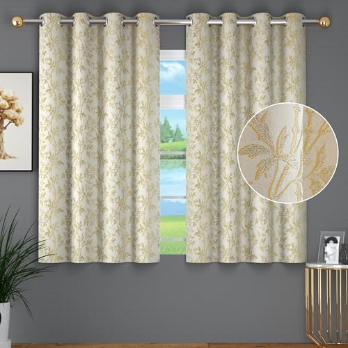 Image of FRESH FROM LOOM Heavy Jari Jacquard Premium Luxury Double Stitched Semi Blackout Curtain 5 Feet Window | Floral Print | Light Blocking 80% Light Reduction | Anti-Fade Parda (5feet, Golden, 2pc)