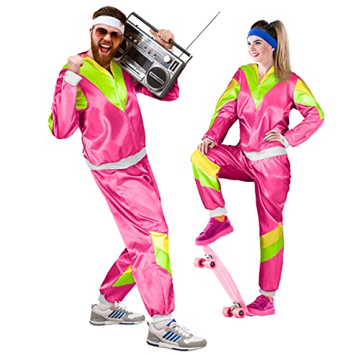 Balinco – Trainingsanzug 80er & 90er Jahre Outfit Retro Unisex – Assi Kostüm für Herren & Damen für Karneval, Fasching, Bad Taste & Mottopartys –Tracksuit Jacke & Hose Größe (XL) – Pink-Grün-Gelb