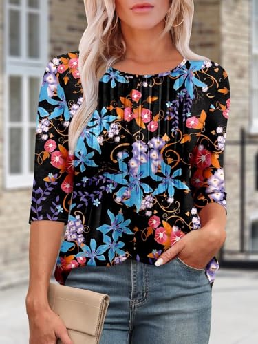 KISSMODA Tunic Tops for Women Loose Fit Dressy Round Neck Pleated 3/4 Length Sleeve Spring Tops