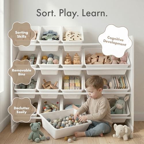 Image of Humble Crew Toy Storage Organizer with 16 Removable Storage Bins for Kids Playroom, 4-Tier Toddler Toy Organization and Storage, White /White