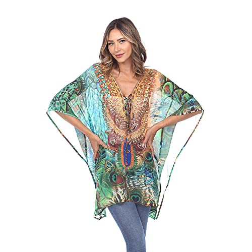 white mark Women's Multi-Print Short Caftan with Tie-up Neckline and Kimono Sleeves