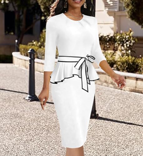 Women's Vintage Church Bodycon Pleated Crew Neck Work Midi Pencil Dress3