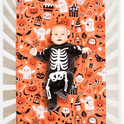 Image of JISEN Halloween Crib Sheet Pumpkins Fitted Crib Sheet for Boys Girls Crib Mattress Cover Baby Sheet for Standard Crib and Toddler Mattress Soft Breathable Baby Bed Sheet for Neutral 52x28 Inch Ghosts
