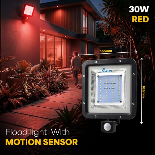 Image of Forus 30W LED Flood Light Red with Motion Sensor Auto On Off Day Night Mode Waterproof Outdoor Security Light for Garden Parking Garage Factory Warehouse Shop High Bright Floodlight 4Yr Warranty-1Pc