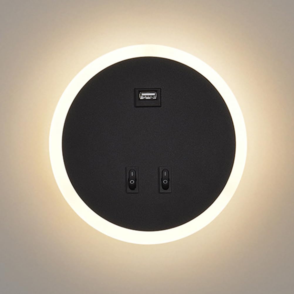AoLa 12W Okrągła lampa ścienna LED z przełącznikiem i portem USB do ładowania Lampa ścienna do wnętrz 3 kolory 3000K/4000K/6000K Nowoczesna lampka nocna z akrylowym kloszem do sypialni salonu,Black