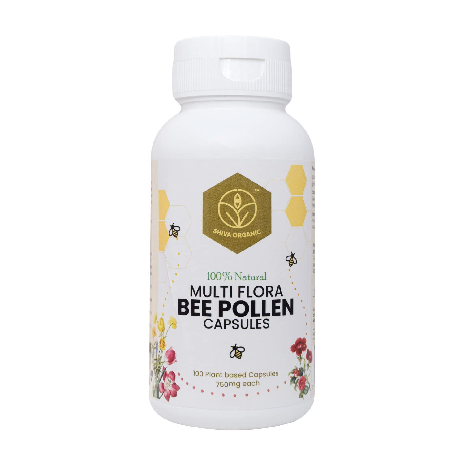 Shiva Organic Multiflora Bee Pollen Capsules - 100% Pure Natural - Plant Based Protein, immunity & Energy Booster | High in Vitamin & Minerals | daily Supplement (750 mg)