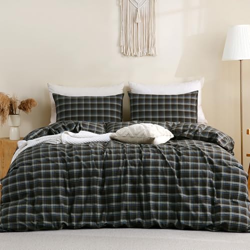 Image of TOCOMOA Buffalo Plaid Duvet Cover Set 100% Washed Cotton Like Linen Feel Super Soft Comfy 3 Piece Brown Blue Gingham Checkered Bedding Comforter Cover Set (Full 90 inchx90 inch, Comforter Not Included)