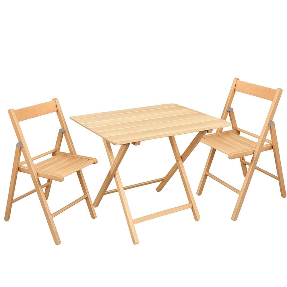 PALUPLUS Set Tavolo Pieghevole con 2 Sedie in Legno di Faggio color Naturale, Misura Tavolino 80x60x72 cm, Sedie Richiudibili con comoda seduta, Arredo per Terrazzo, Esterno -269C/696C-17