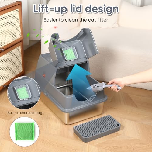 Caja de arena de acero inoxidable para gatos con tapa grande miniatura 2