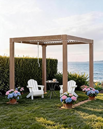 GarveeLife Louvered Pergola 10 ft x10', Outdoor Pergola with Adjustable Louvered Roof, Reinforced Aluminum Frame, Integrated Drainage System, Hardtop Gazebo for Patio, Deck, Wood Grain