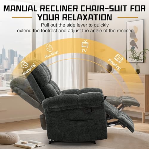 Image of Korser Recliner Chair, Living Room Recliner Chairs for Adults, Small Recliners for Small Spaces, Upholstered Manual Recliner with Side Pockets, Comfy Nursery Chair for Living Room, Chenille, Black