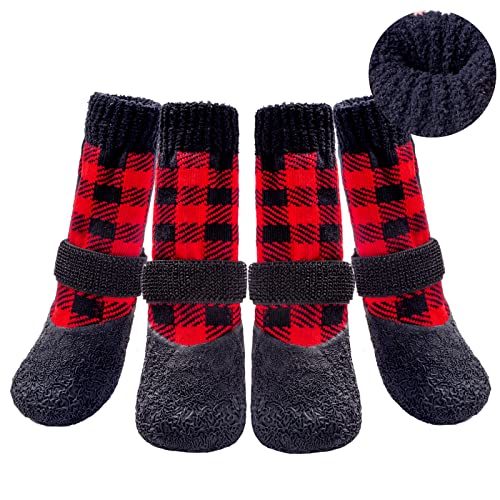 BINGPET Anti-Slip Dog Socks, Waterproof Plaid Dog Paw Protector with Adjustable Straps, Thick Fleece Padded Warm Pet Doggy Socks for Cold Weather Winter