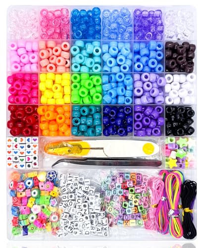 900 Pony Beads 200 Letter Beads Jewelry 60 Colorful Clay Bead Kandi Bracelet Making Kit for Girls 30 M Elastic Rope Scissors Tweezers DIY Crafts Necklace Make Party Gifts