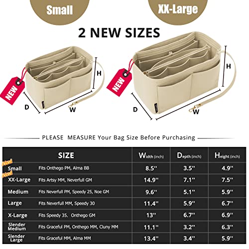 Image of OPPOSHE Purse Organizer Insert for Handbags, Softened Felt Bag Insert Organizer for Tote, Compatible with LV, Coach, MK, Kate Spade, Goyard, Longchamp (Beige, Slender Medium)
