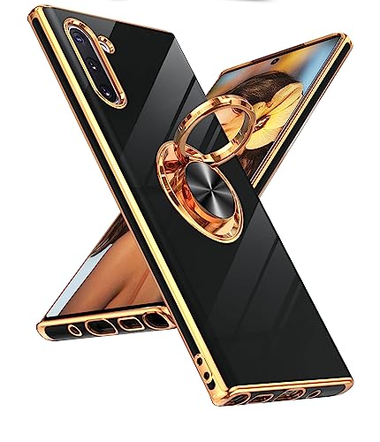 LeYi for Galaxy Note 10 case: 360° Rotatable Ring Holder Magnetic Kickstand, Plating Rose Gold Edge Protective Case [ Not Applicable Note 10 Plus], Black