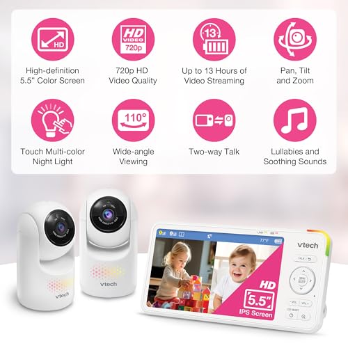 Image of VTech Baby Monitor with 2 Cameras No WiFi & 5.5 inch IPS Split Screen, Remote Pan Tilt Zoom, 5000mAh 19H Battery, 1000ft Range, Night Vision, Night Light, Two-Way Talk | Advanced HD Plus Twin